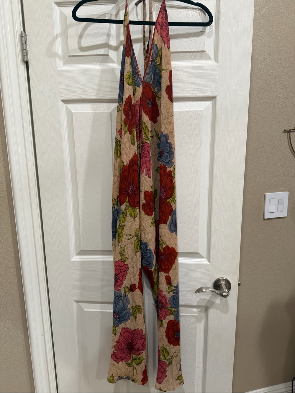 Sunchild Beige Floral Halter Jumpsuit with Red, Pink & Blue Flowers